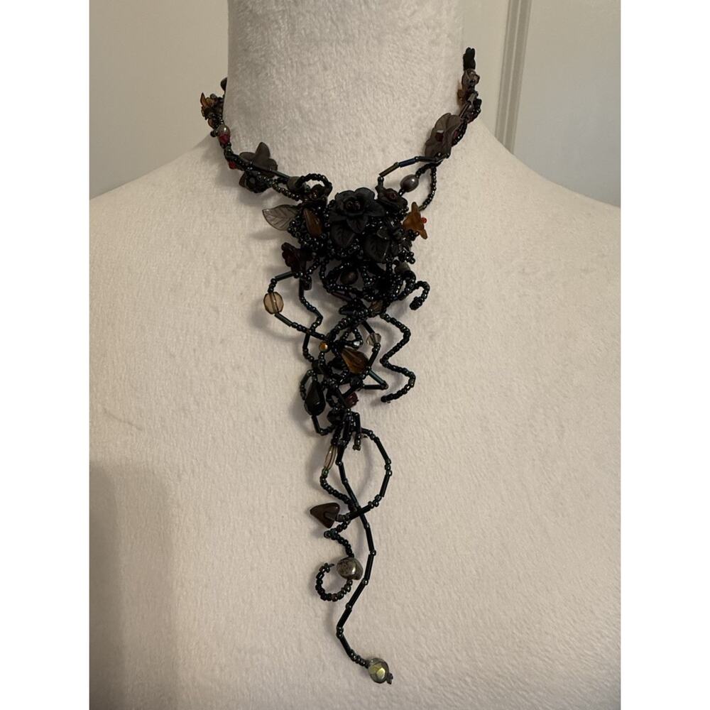 Vintage Artisan Wearable Art Beaded Floral Necklace Gunmetal Boho Gothic - Picture 3 of 8